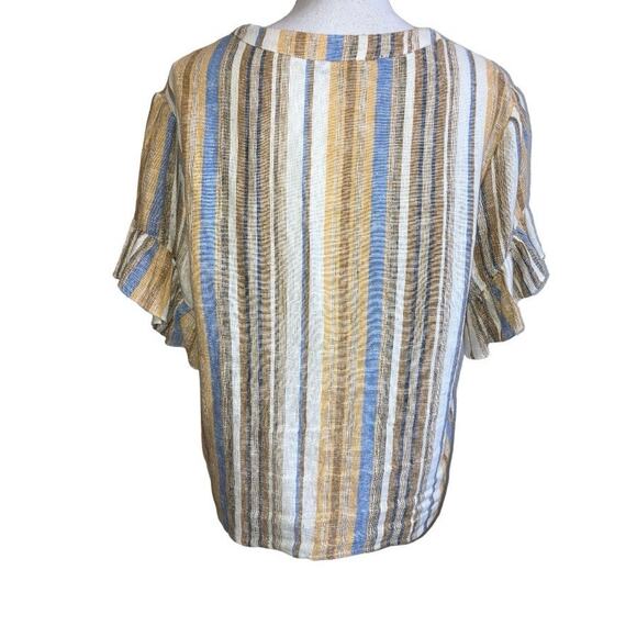 DREW Yellow White Blue Striped Linen Rayon Top Large - Picture 2 of 6